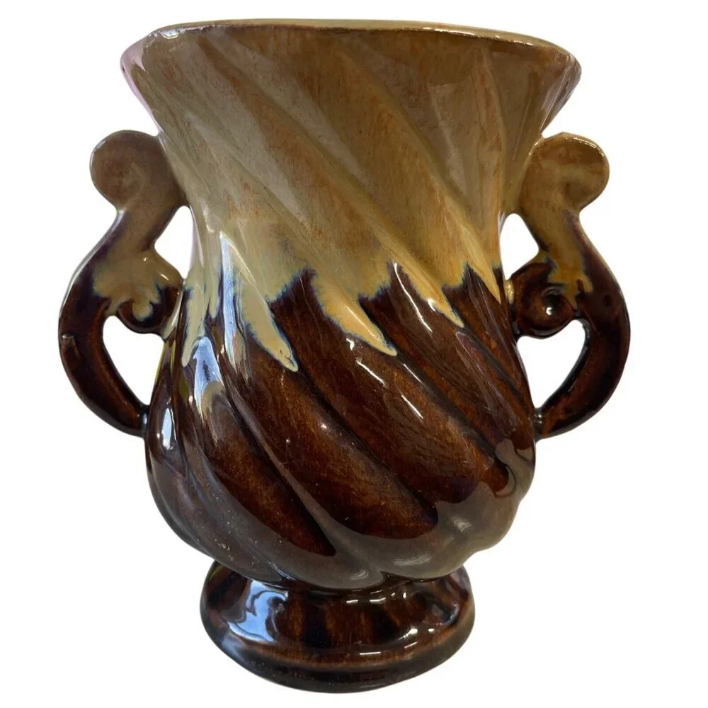 Vintage Brown & Tan Ceramic Vase With Swirled Handles &‎ Drip Glaze Finish